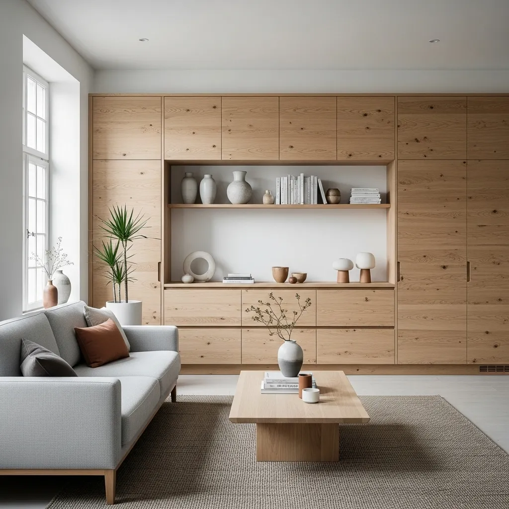 25 Japandi Living Room Ideas for Minimalist Comfort 11 Built-In Japandi Storage living room idea