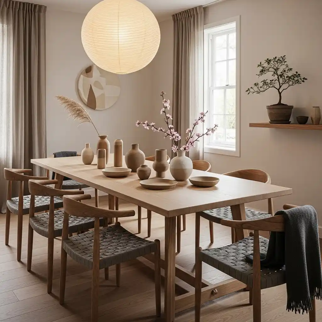 23 Japandi Dining Room Ideas for Minimalist Comfort 18 Japandi Dining with Ceramic Accents