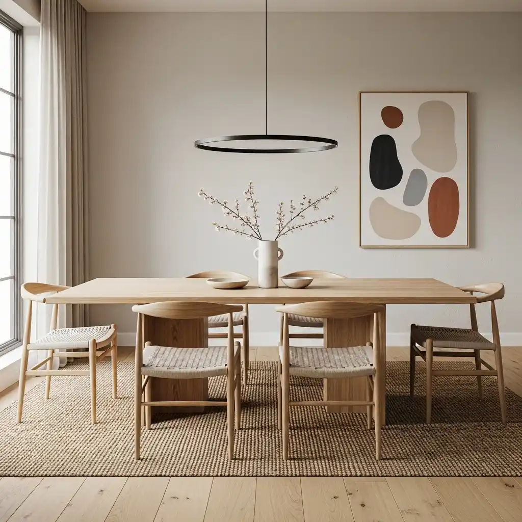 23 Japandi Dining Room Ideas for Minimalist Comfort 22 Japandi Dining with Minimal Wall Decor