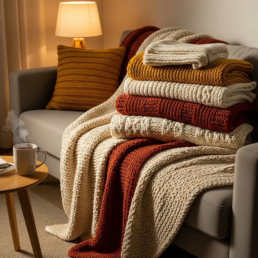 23 Cozy Living Room Ideas for a Warm Home Vibe 2 Layered Throw Blankets