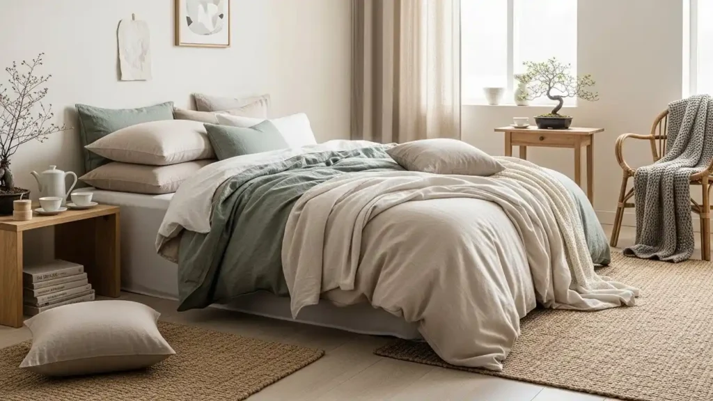 25 Japandi Bedroom Designs for Minimalist Comfort 4 Soft Linen Layers