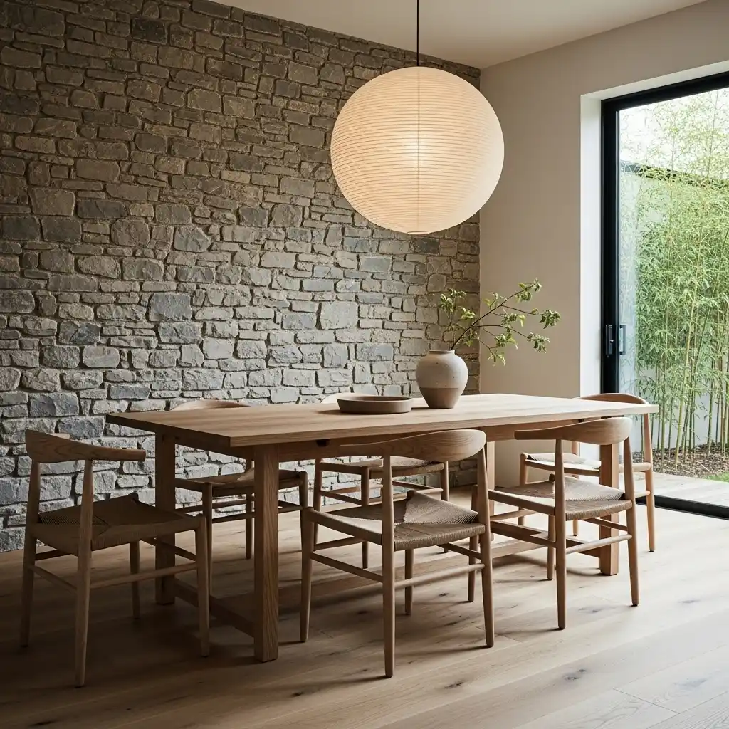 23 Japandi Dining Room Ideas for Minimalist Comfort 13 Stone and Wood Japandi Dining Combo