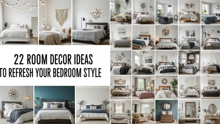 Room decor ideas for a modern bedroom with neutral tones and cozy layered bedding