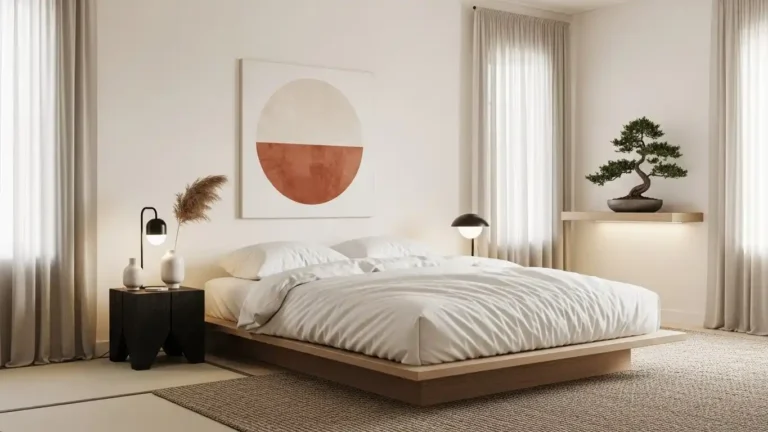Japandi bedroom designs with minimalist furniture, neutral tones, and natural wood accents