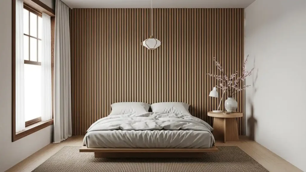 25 Japandi Bedroom Designs for Minimalist Comfort 13 Wooden Slat Feature Wall